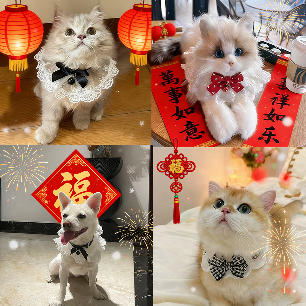 ชุดปีใหม่แมว ปลอกคอสัตว์เลี้ยง ผ้าพันคอแมว ผ้าเช็ดตัวน้ำลาย คอเสื้อถัก ประดับโบว์ สามารถปรับได้ สุนัข แมว