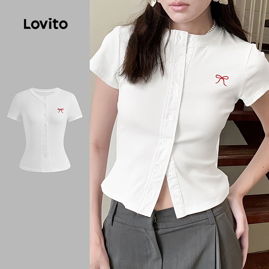Lovito เสื้อยืดกระดุมลายธรรมดาแบบลําลองสําหรับผู้หญิง L133AD375