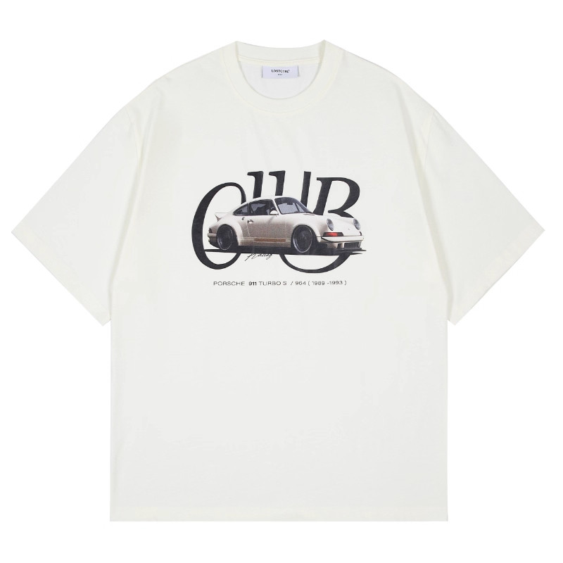 2026Fashion 2026เสื้อผ้าผู้ชาย Oversize Vintage Cotton เสื้อยืด "CLUB" Text & Porsche 911 Turbo S (9