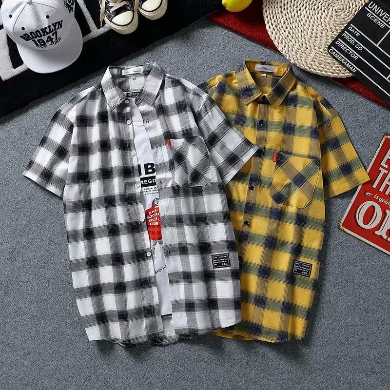 เสื้อเชิ้ตแขนสั้นลายสก๊อต {Unisex}Polyester Fabric M-3XL