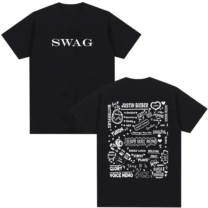 เสื้อยืด Justin Bieber SWAG Tour 2025 พร้อมลายพิมพ์ตัวอักษร T สไตล์ Hip Hop Rock สำหรับผู้ชาย