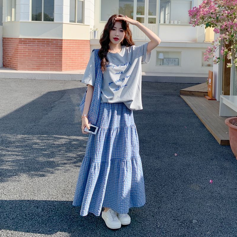 2026แฟชั่น2026ฤดูร้อนสวมใส่ทั้งชุดรอบคอสั้นด้านบนกระโปรงหลวมSlimmerดูชุดสไตล์ขี้เกียจหลวมหญิงCOD GBI