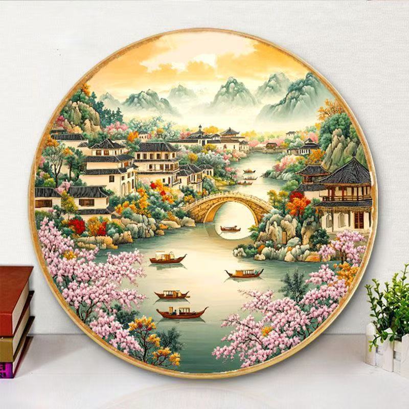 ปักครอสติสภูมิทัศน์สไตล์ใหม่ Jiangnan Fengshuiqi ตกแต่งบ้านเย็บปักถักร้อยด้ายทําด้วยมือ