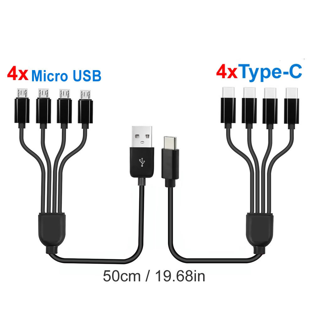 สายไฟสั้น 5V USB AC ถึง Type C สายชาร์จหลายตัว 4 in 1 Micro USB Splitter Adapter Cable 4 พอร์ต USB C PD Splitter Cable