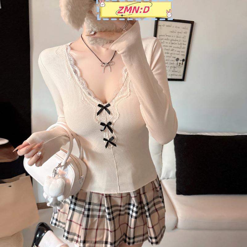 ZMN:D V คอลูกไม้โบว์แขนยาวผู้หญิงอเนกประสงค์หวาน Casual Top พร้อมแผ่นหน้าอก RRT