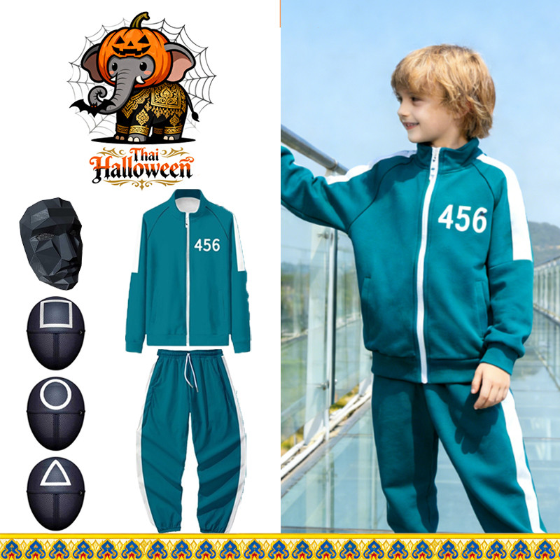 Squid Game For Boy Kids Costume-456 Number BlueTracksuit for Cosplay Halloween Party Mask Set