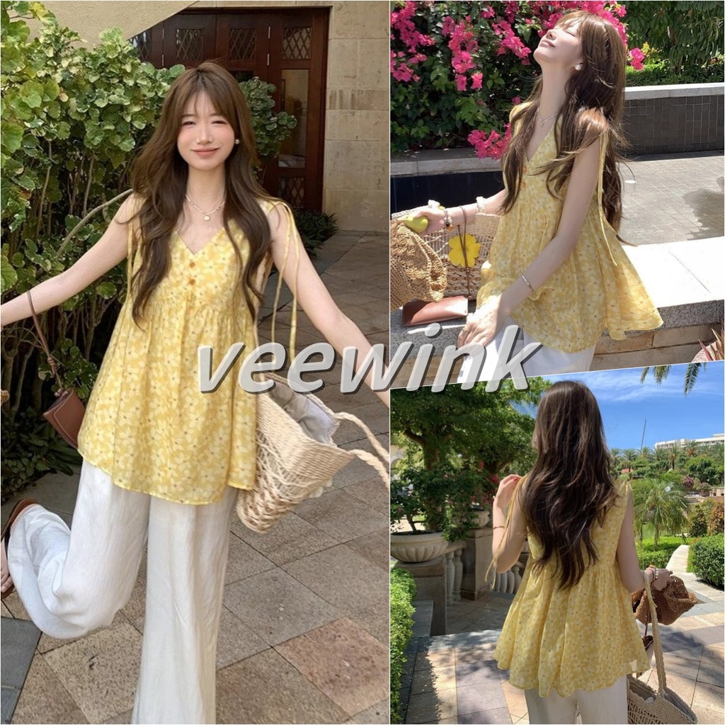 Veewink เสื้อแขนกุดลายดอกไม้ คอวีรูดเชือก เนื้อเทนเซลบางเบา ทรงเอ ทรงตุ๊กตา หวาน สบาย