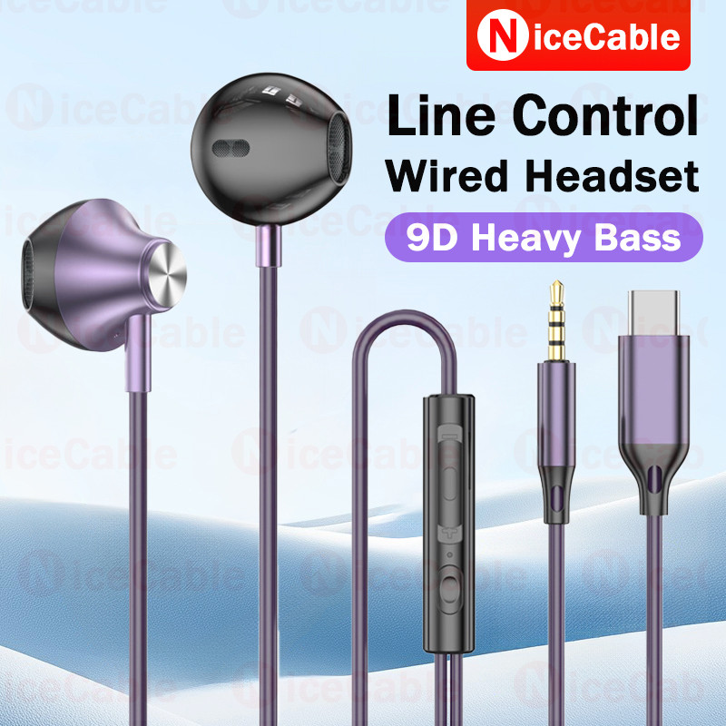 หูฟังเบสหนักเพลงสายควบคุมตัดเสียงรบกวนแบบมีสายพร้อมไมโครโฟน HD แจ็ค Type-C/3.5 มม. ชนิดใส่ในหู