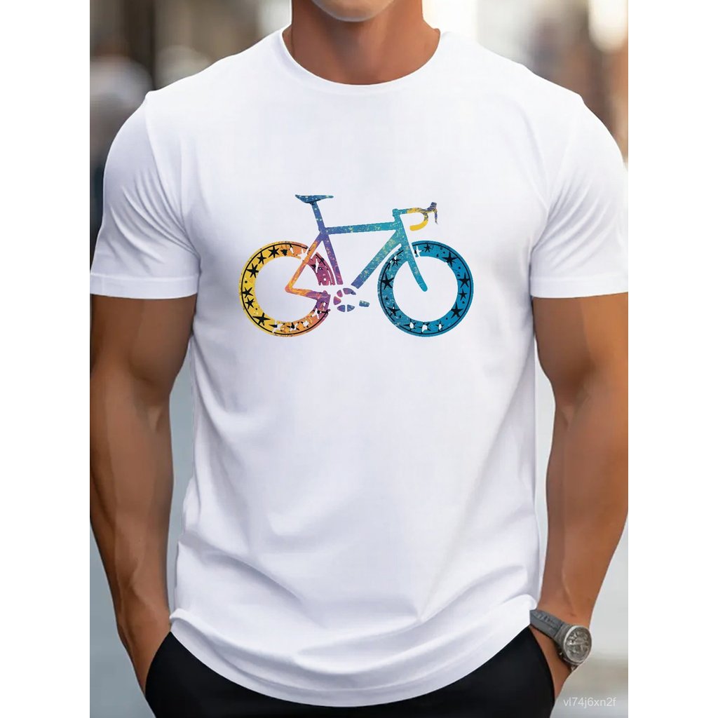 เสื้อยืดลายจักรยานผู้ชาย น้ำหนักเบา ระบายอากาศได้ดี - แขนสั้น คอกลม พิมพ์ลายจักรยานสีสันสดใส เหมาะสำหรับใส่ลำลองในฤดูร้อ