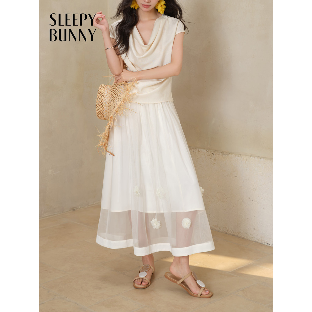 SLEEPY BUNNY กระโปรง maxi tulle สำหรับผู้หญิง ยืดได้ที่เอว มีหลายชั้น และการตัดเย็บแบบ patchwork เหม