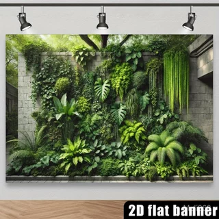 A 2D Tropical Rainforest Plant Wall Backdrop Featuring Monstera, Ferns, Hanging Greenery, Large Broadleaf Plants, And a