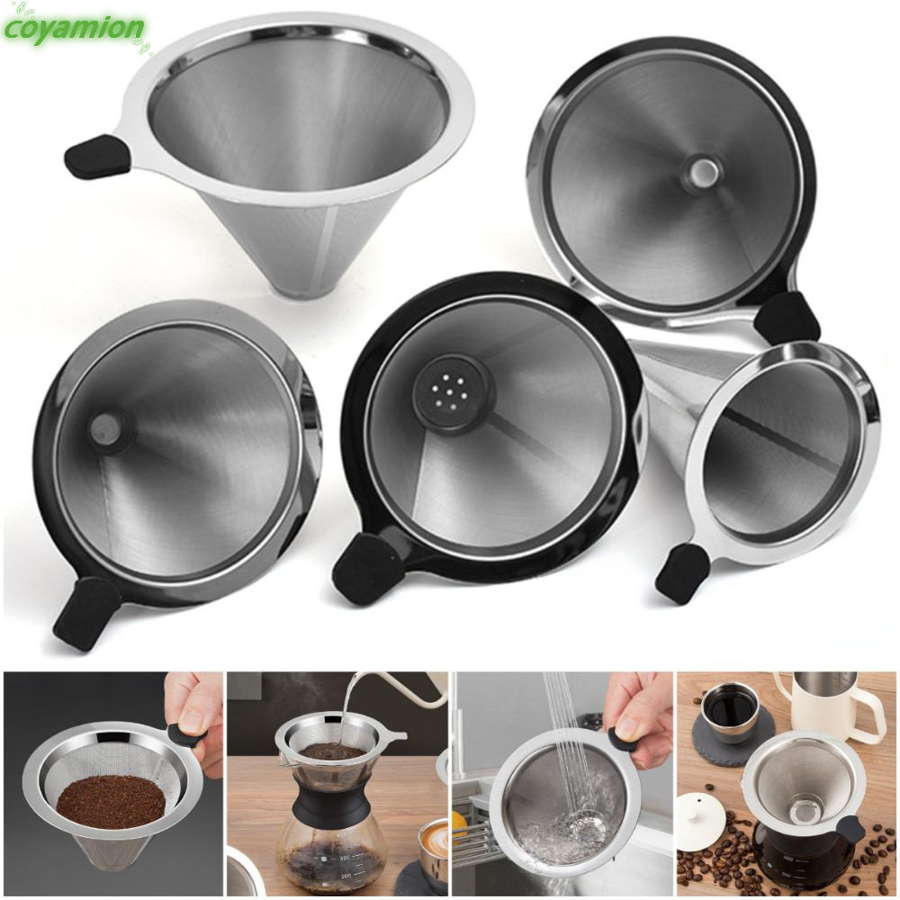 COYAMION กรองกาแฟ,เงินสแตนเลสกรองกาแฟแบบใช้ซ้ําได้,แบบพกพาตาข่ายละเอียดหยดประเภทไม่มีกระดาษกรองที่จําเป็นเทกว่ากรวย Dripper Cafe