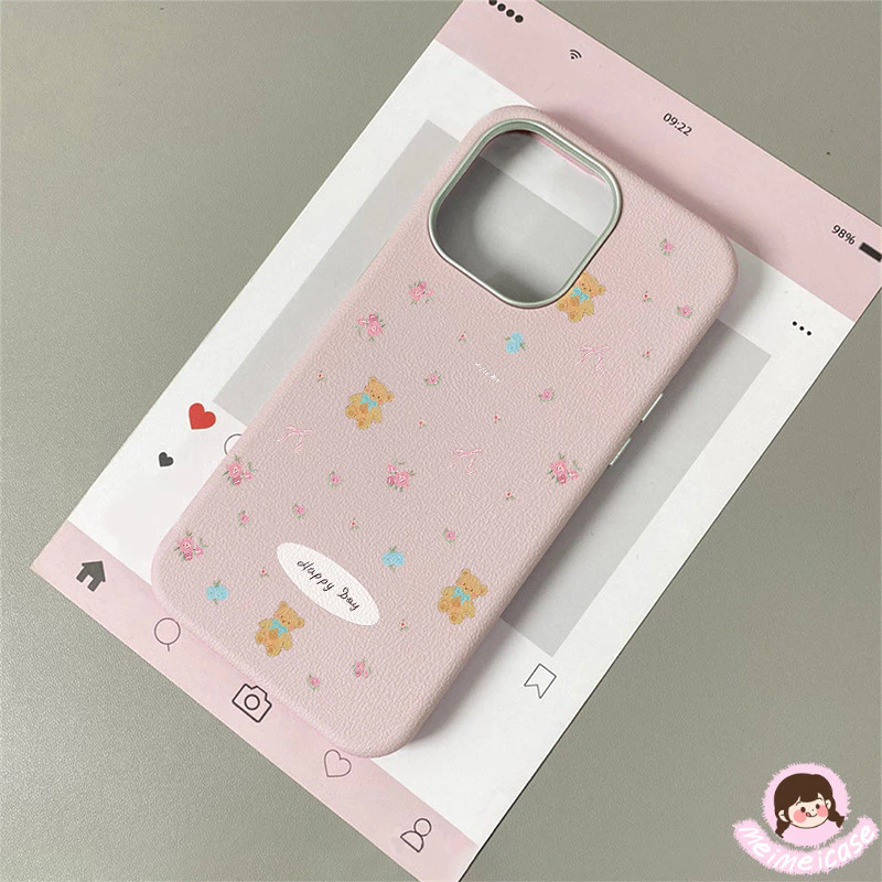 เคสหนัง ลายหมี-ดอกไม้ น่ารัก สีคละ สไตล์ฮิต สำหรับ iPhone 15 air 13 11 16 17 14 12 Pro Max 7Plus 16 7 14 8 15 Plus X XR