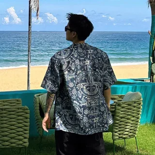 เสื้อวินเทจแขนสั้นผู้ชาย อารมณ์คิวบาทรงค์อเมริกัน ใส่สบายเหมาะกับอากาศร้อน