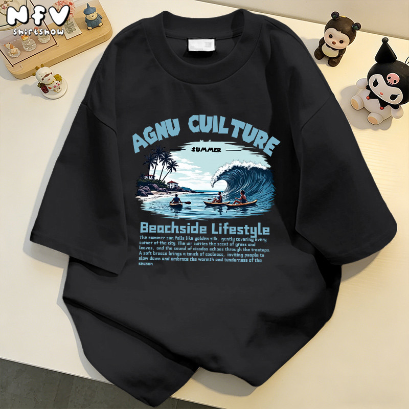 NFV แฟชั่นเกาหลี💖เสื้อยืดแขนสั้นคอกลม ลวดลายการโต้คลื่นชายฝั่ง 100%cotton Oversized ทรงหลวม ผ้าฝ้าย YG4157