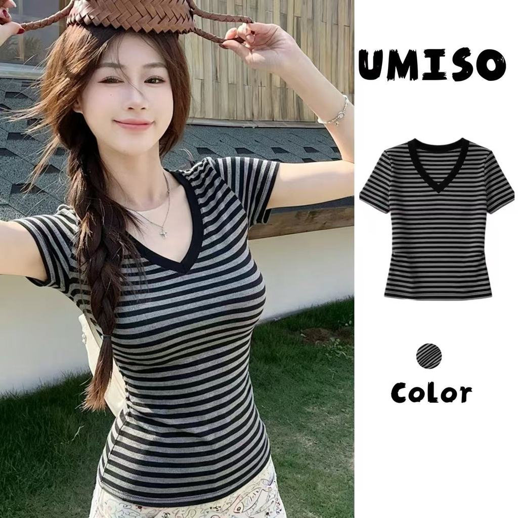 UMISO ส่งไวจากไทย เสื้อยืดผู้หญิง ทรงสลิมฟิต เรียบง่าย ลายทางสีสวย เซ็กซี่เสื้อยืด