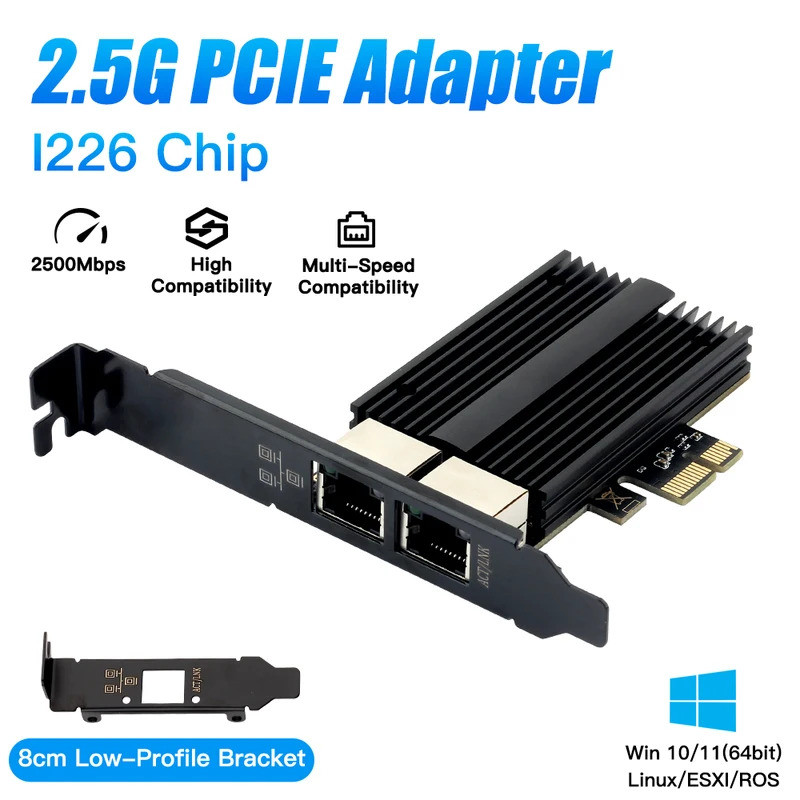 2500Mbps Pcie To RJ45 I226-V การ์ดเครือข่าย 2.5G Gigabit Ethernet Dual พอร์ต 100/1000/2500Mbps การ์ด