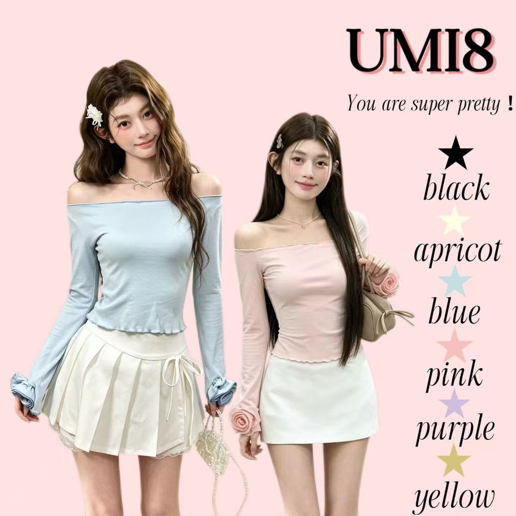 UMI8💝【ในสต็อก】💝 เสื้อยืดแขนยาวคอกลมสำหรับผู้หญิง ดีไซน์ลายดอกไม้สามมิติแบบจีบเข้ารูป สำหรับฤดูใบไม้ร่วง เสื้อตัวใน