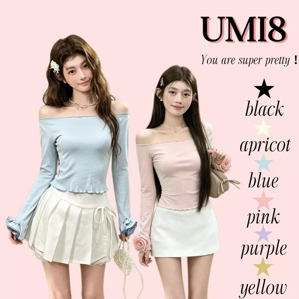 UMI8💝【ในสต็อก】💝 เสื้อยืดแขนยาวคอกลมสำหรับผู้หญิง ดีไซน์ลายดอกไม้สามมิติแบบจีบเข้ารูป สำหรับฤดูใบไม้ร่วง เสื้อตัวใน