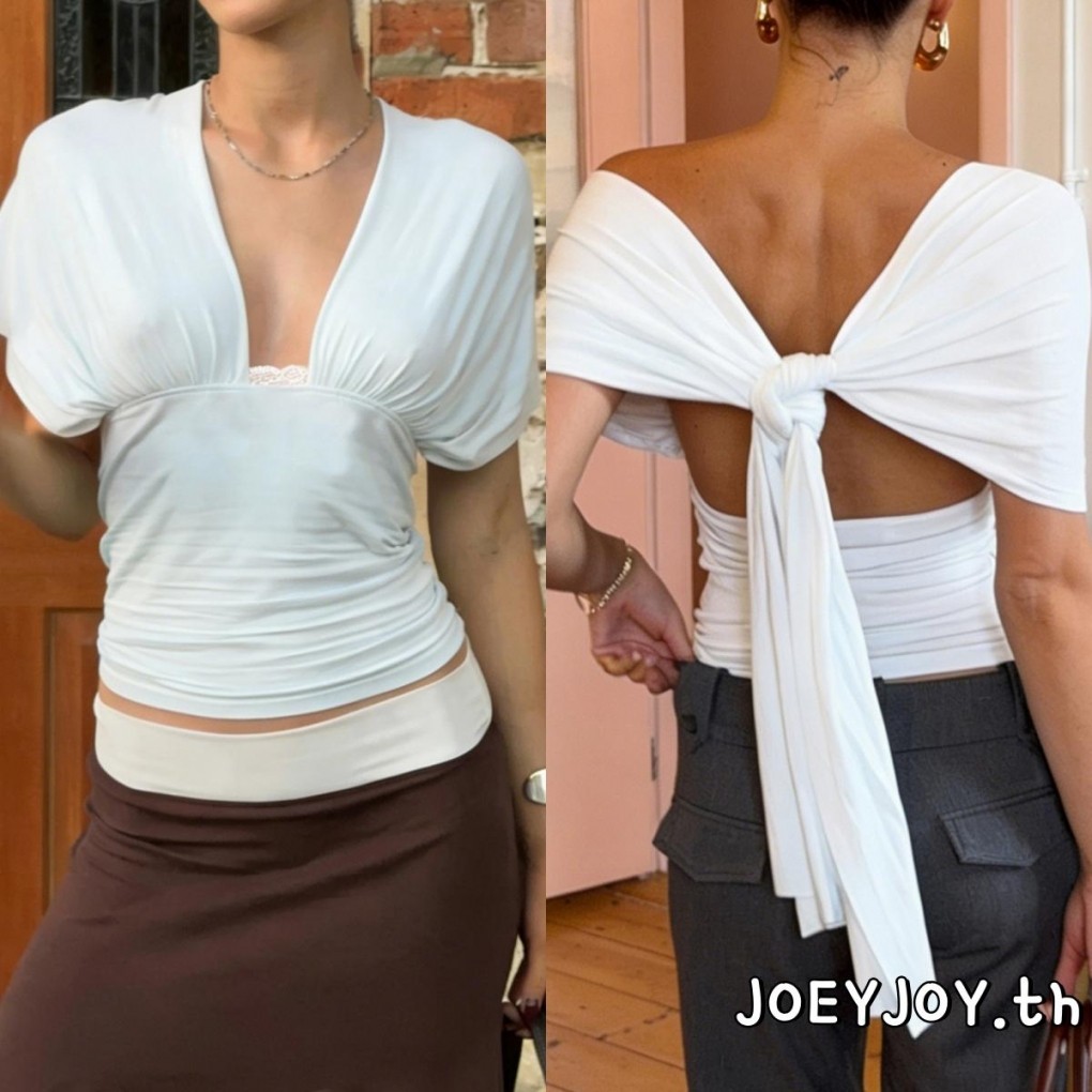 JoEY- เสื้อครอปแข็งสําหรับฤดูร้อนของผู้หญิงเสื้อยืดเข้ารูปแขนกุดคอวีลึกสําหรับปาร์ตี้ชายหาด