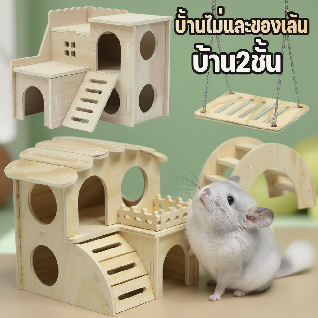 บ้านแฮมสเตอร์ บ้านไม้ 2ชั้น ของเล่นหนู สะพานไม้ เปลไม้ ไม้ธรรมชาติ มินิมอล สัตว์เลี้ยงเล็ก