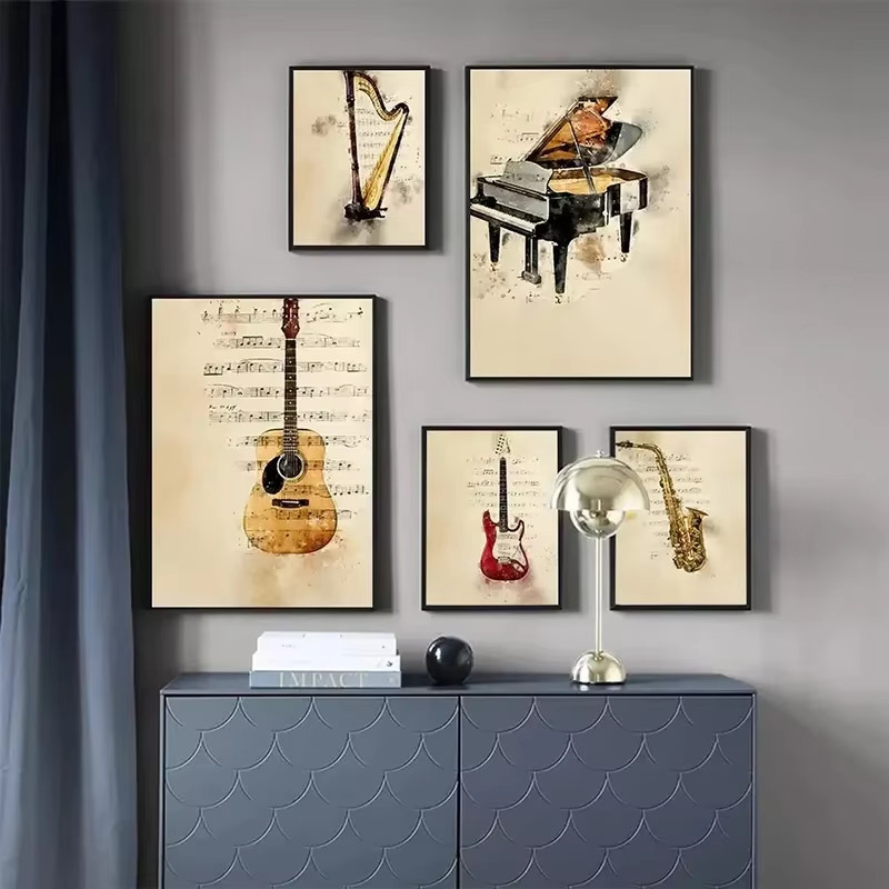 เครื่องดนตรีเปียโนกีตาร์สไตล์วินเทจพิมพ์ผ้าใบภาพวาดโปสเตอร์ Wall Art เพลงหมายเหตุ Nordic Home Room Decor ภาพ