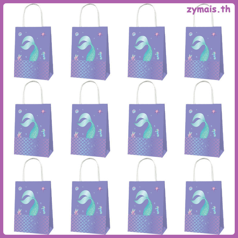 12 ชิ้น Ocean Decor Mermaid วันเกิดตกแต่งถุงกระดาษของขวัญกระเป๋าสติกเกอร์ Candy zymais