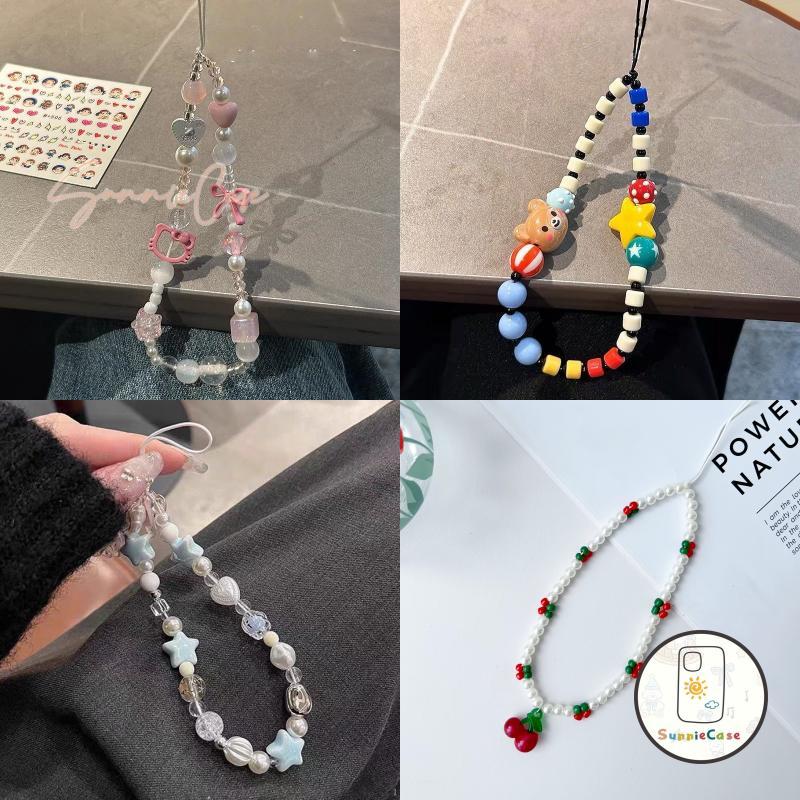 สร้อยข้อมือรูปแมวตัวน้อย แบบดอกไม้ โบว์โน๊ต และลูกปัด สำหรับโทรศัพท์มือถือ ใช้งานได้จริง