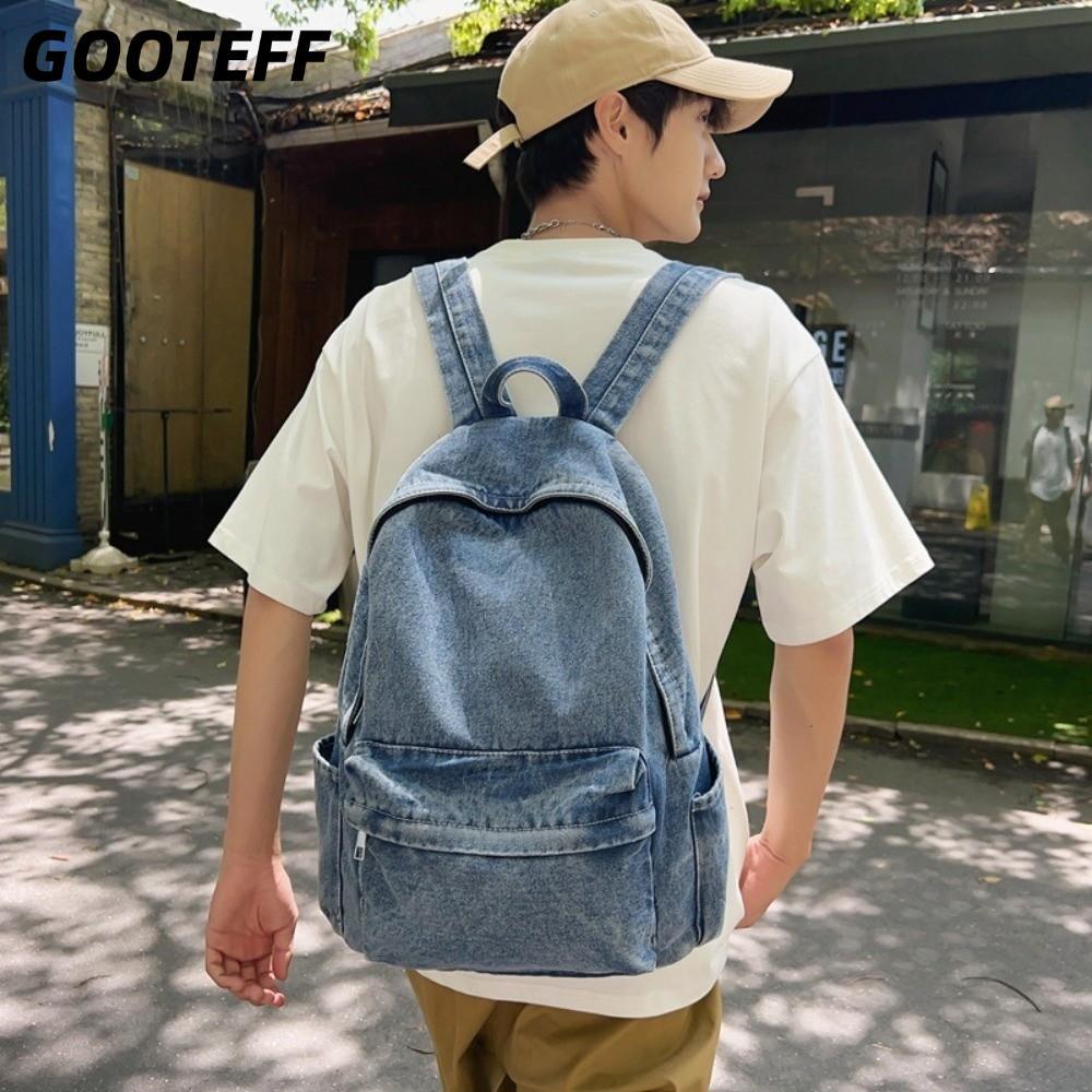 กระเป๋าเป้ยีนส์สำหรับนักเรียน, น้ำหนักเบาทอง มีหลากหลายซิปและพื้นที่เก็บของมาก, สไตล์แฟชั่นสีทึบสำหรับผู้ชาย