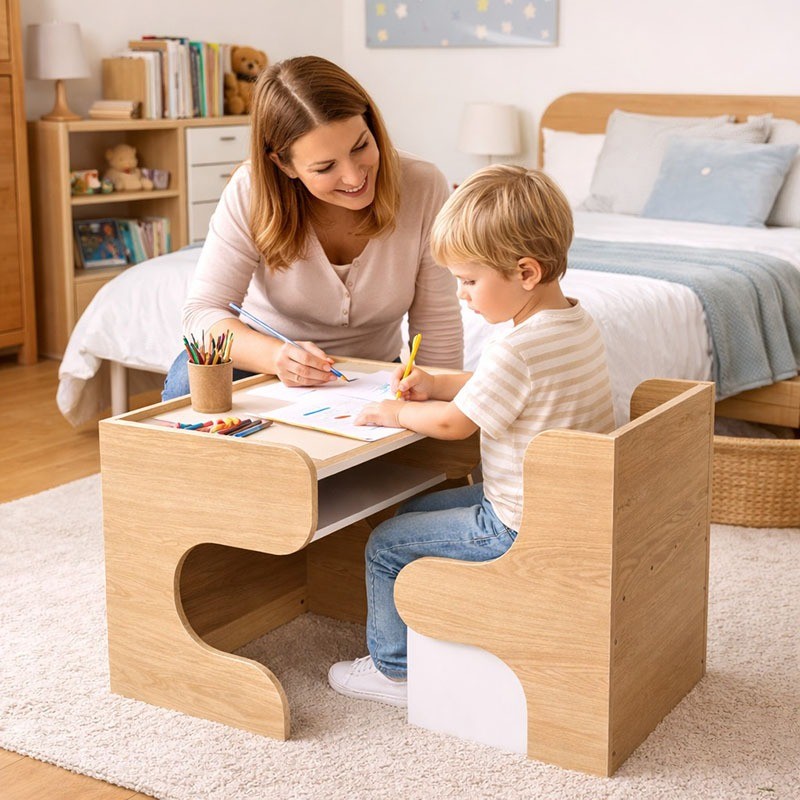 AIEhome โต๊ะ ชุดโต๊ะพร้อมเก้าอี้สำหรับเด็ก โต๊ะเขียนการบ้าน โต๊ะไม้ ดีไซน์โค้งมนสไตล์มินิมอล รุ่น 501