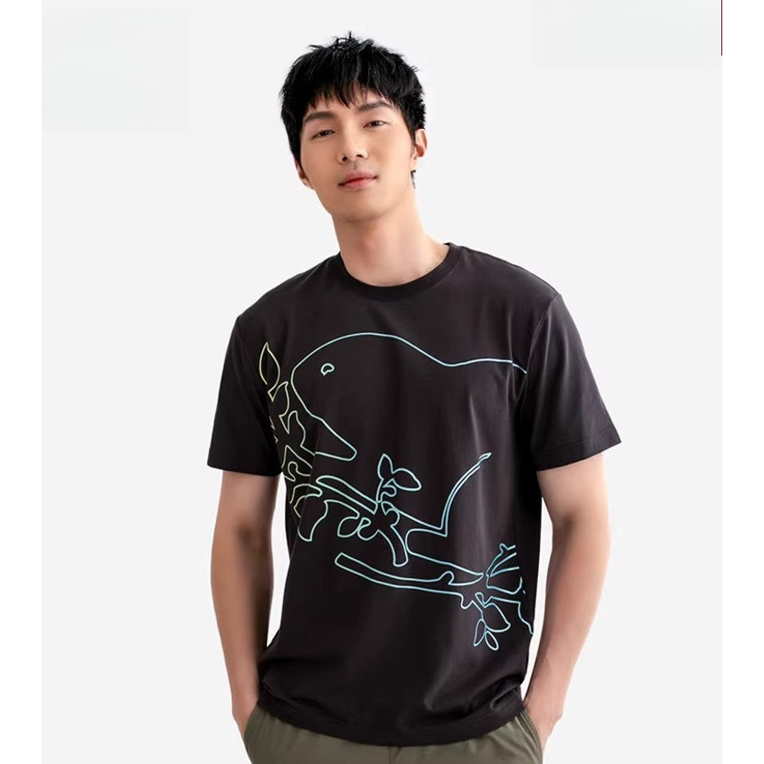 Ro.ots ผู้ชายและผู้หญิงฤดูร้อนเสื้อยืดเส้นที่มีสีสัน Beaver พิมพ์รอบคอผ้าฝ้าย Joker แขนสั้น