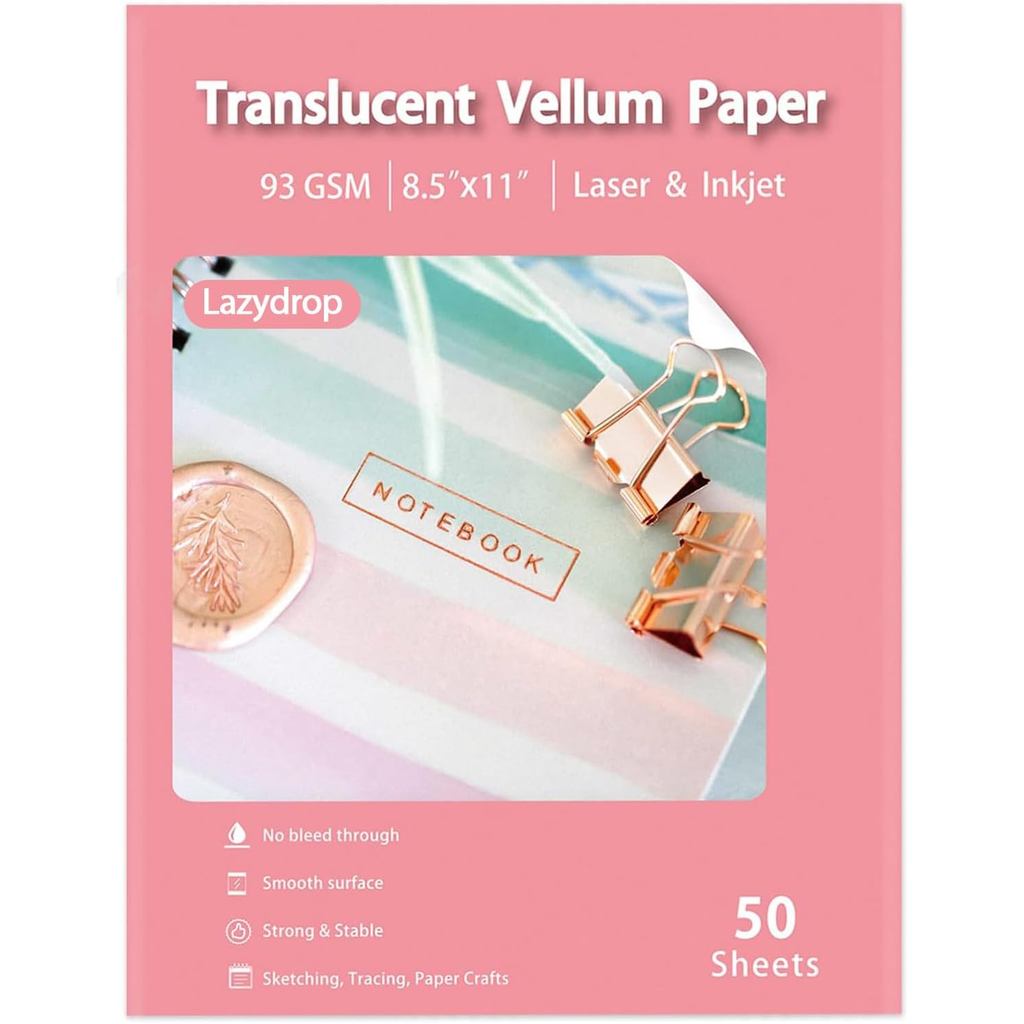 กระดาษเวลลัมโปร่งแสง 8.5x11 นิ้ว, 50 แผ่นพิมพ์โปร่งใส 93GSM/63LBS กระดาษเวลลัมสําหรับการพิมพ์ Sketch