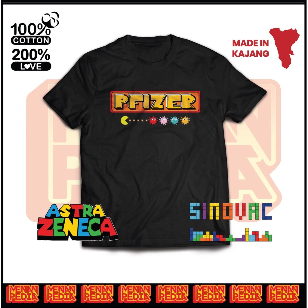 เสื้อยืด Vaksin Covid 80s Style - Pfizer, Sinovac, Astrazeneca