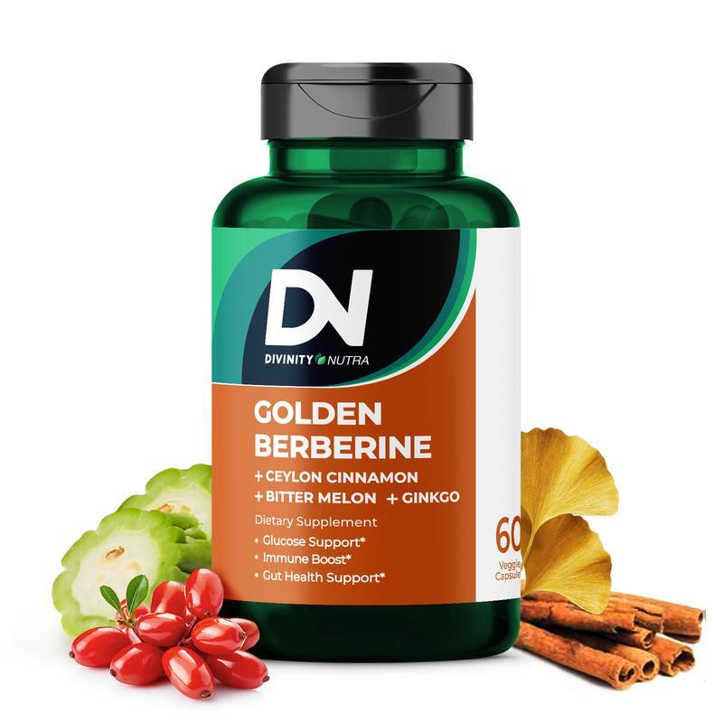 DN 4-in-1 Golden Berberine 1500mg, กลูโคส, Gut Cleanse with Ceylon Cinnamon Bitter Melon Ginkgo, สนั