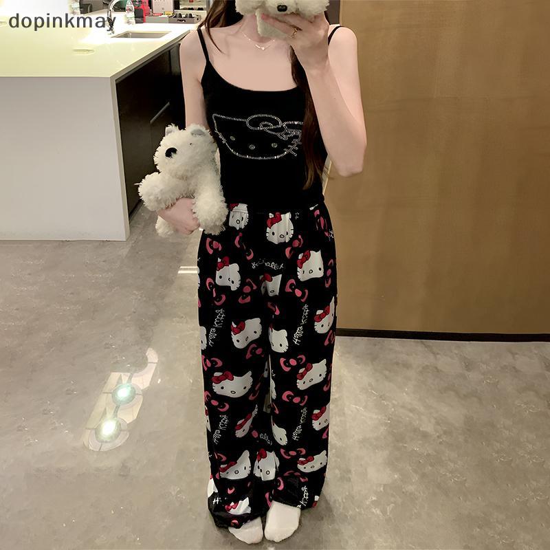 Dopinkmay ชุดนอนชุดผู้หญิงฤดูร้อนการ์ตูน Camisole และกางเกงขากว้าง Sweet Home 2PCS ชุดหน้าอก Pad ph
