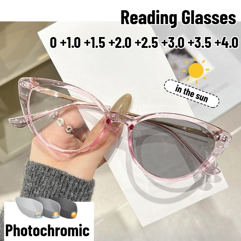 แฟชั่นหรูหรา Cat-eye Photochromic แว่นตาอ่านหนังสือ Neutral Retro ใหม่ความละเอียดสูง Anti-blue Light อ่านแว่นตาสายตายาว