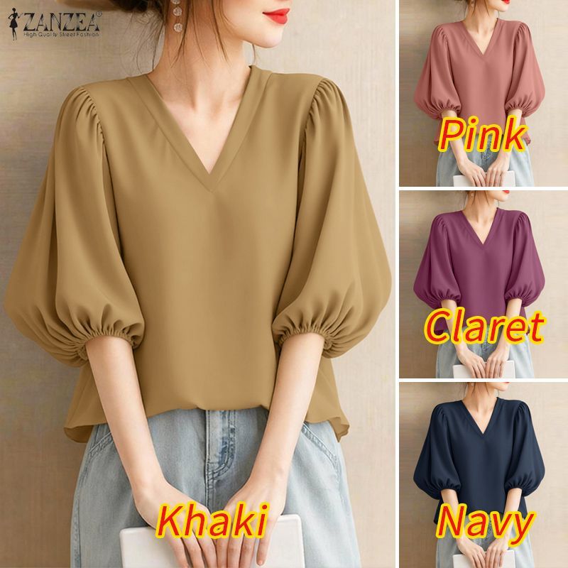 ZANZEA ซานเซีย ผู้หญิงเกาหลีทุกวันลําลองแฟชั่นคอวีแขนพัฟสีทึบจีบเสื้อเรียบง่าย — صورة 3