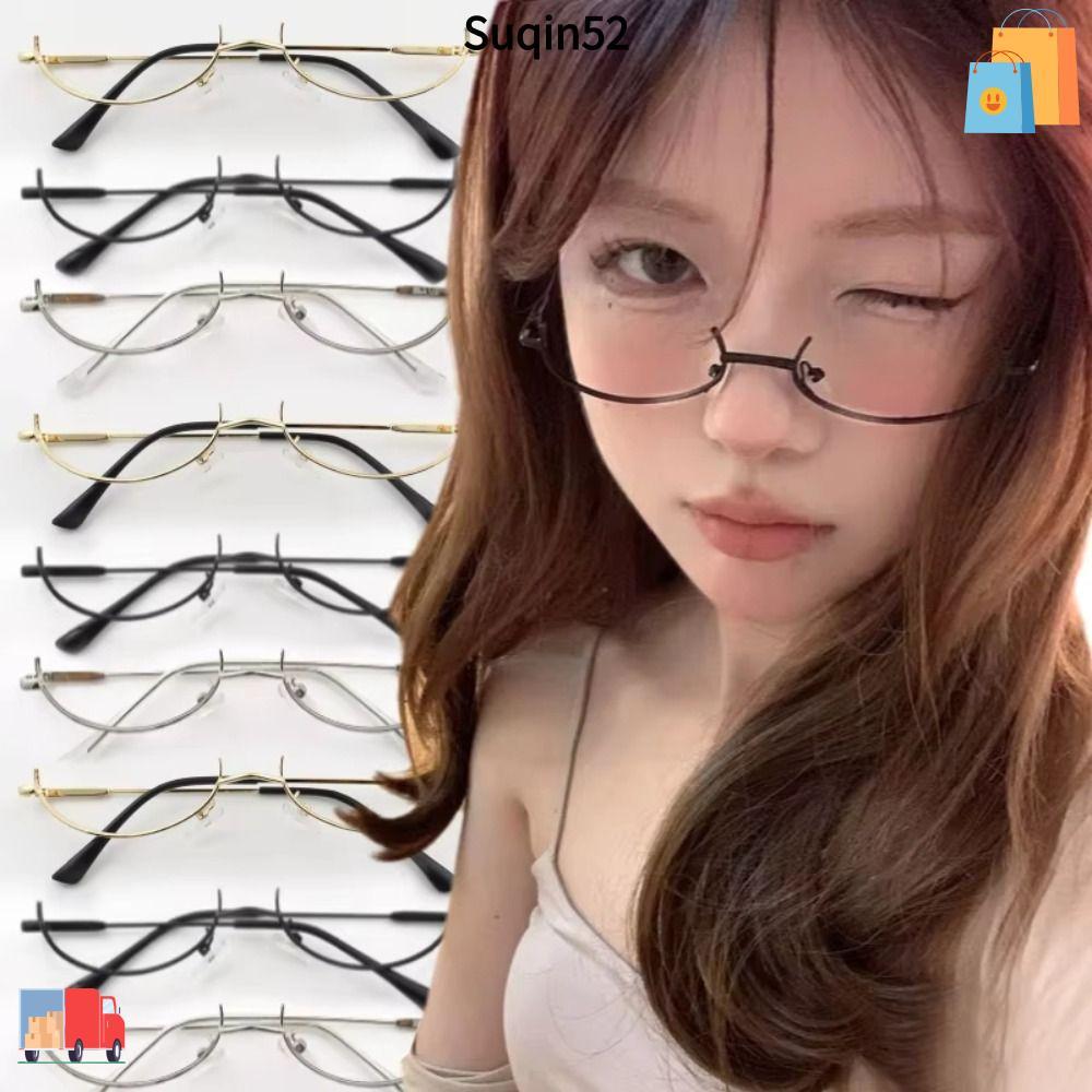 SUQIN52 แว่นตามิดจัด Vintage Chic Harajuku Y2K ครึ่งกรอบ แบบโลหะ ไม่มีเลนส์ เหมาะสำหรับคอสเพลย์และงา