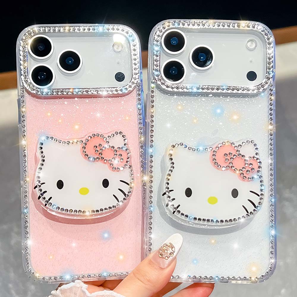 Shiny Diamond HelloKitty Bracket เคสโทรศัพท์สําหรับ IPhone 16 Pro Max 17 ProMax IP 13 14 PRM 15 Pro 
