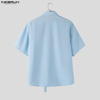 INCERUN ผู้ชายเกาหลี Elegant Casual Turn-Down-Collar 3D ดอกไม้ Tie Design แขนสั้น Slit Hem เสื้อ