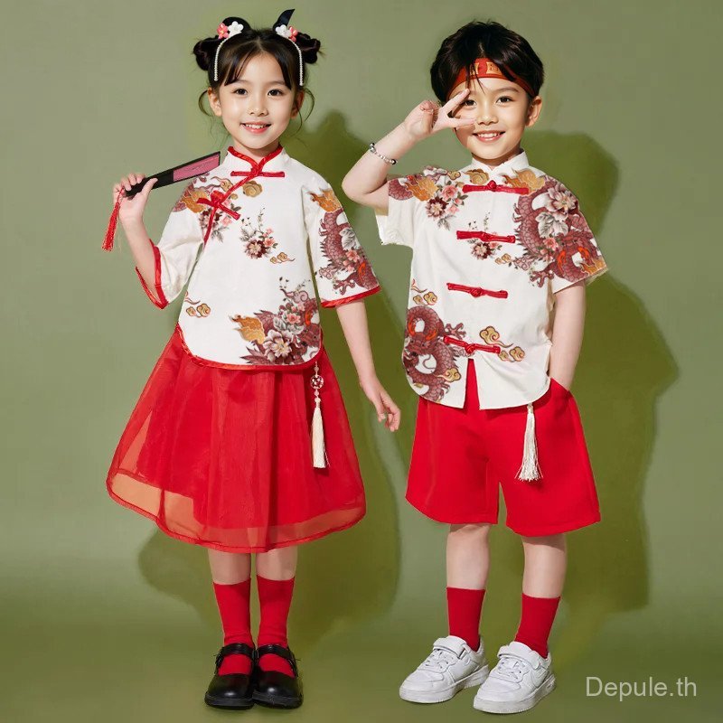 Local Shipping  ชุดเสื้อผ้าปีใหม่จีนและฮันฟู สไตล์โบราณสำหรับเด็ก และเครื่องแต่งกายสำหรับนักเรียนประถม