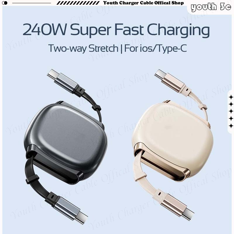 สายเคเบิลข้อมูล Type C ถึง Type C แบบพับเก็บได้ 240W สายชาร์จเร็วสุด 2 ทางยืดสายชาร์จในรถยนต์แบบพกพาสําหรับ ios/Type C
