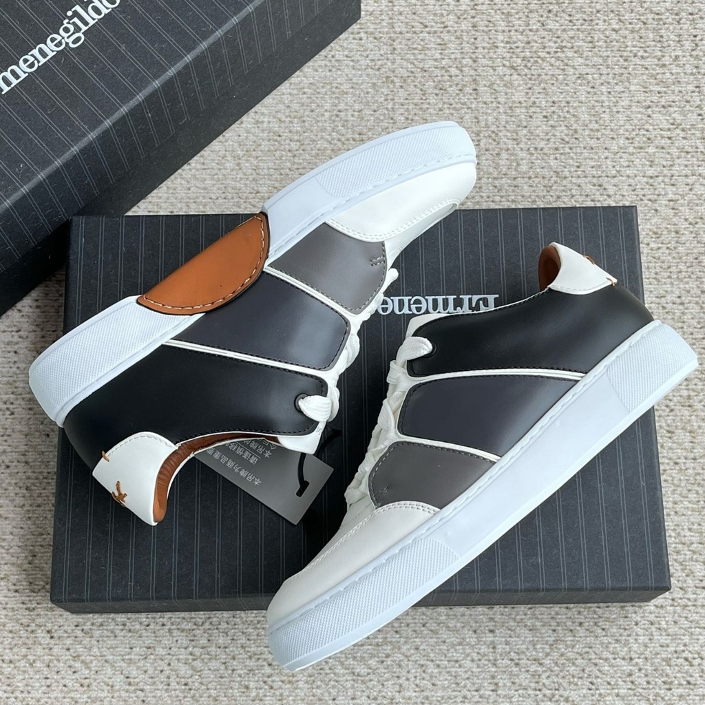 ZEGNA รองเท้าผ้าใบหนังส้นแบนสไตล์ใหม่ผู้ชาย