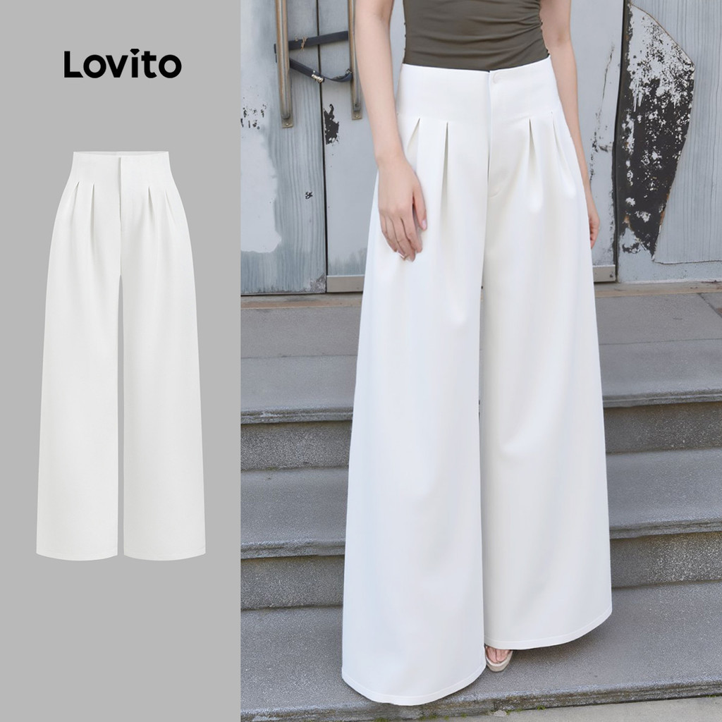 Lovito กางเกงลำลอง กางเกงพลีทสีพื้นสำหรับผู้หญิง LNE59439