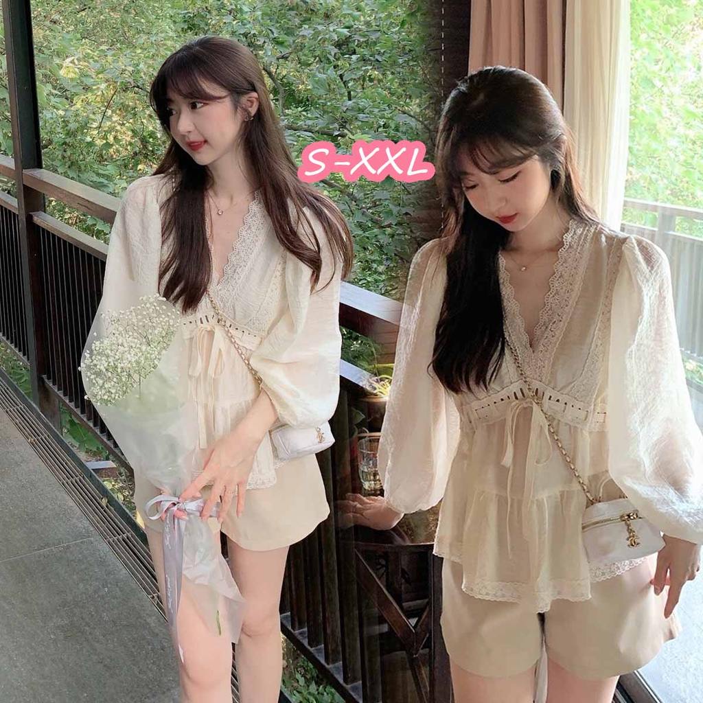 ohho#เสื้อชีฟองคอวีลูกไม้สำหรับผู้หญิง ดีไซน์ไม่ซ้ำใคร งดงามและอ่อนหวาน เสื้อทรงกระโปรงแบบเบบี้ดอลล์ รุ่น99299