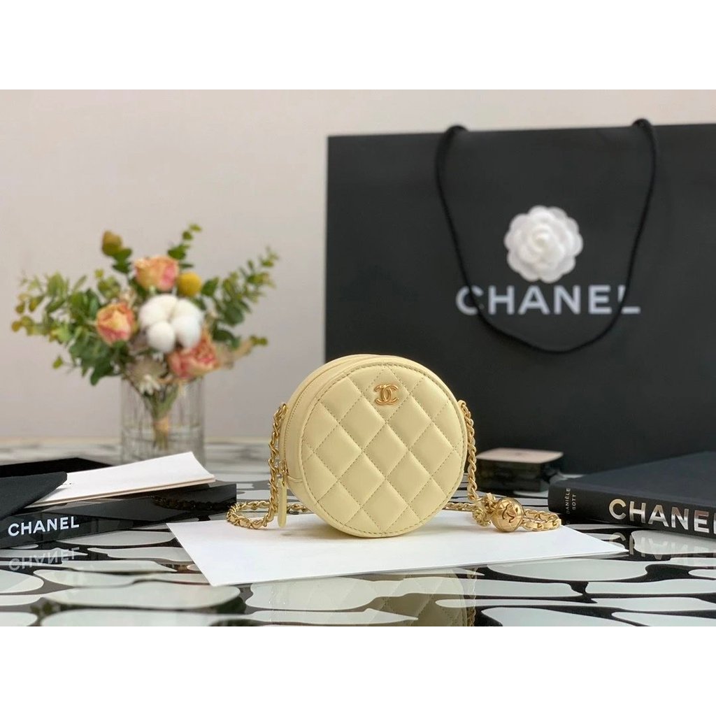 Xiaoxiang Messenger Bag ใหม่ สไตล์.Yellow Round Leather Bag with Golden Beads