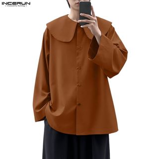 INCERUN เสื้อเชิ้ตผู้ชายสไตล์เกาหลี ลายศิลปะ ทรงหลวมกระดุมแถ…