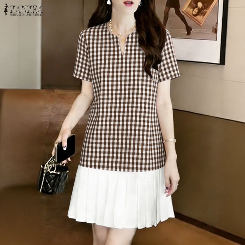 ZANZEA กระโปรง A-line สไตล์เกาหลีเรโทร chic ลายตารางเช็กเกอร์ แขนสั้น pleating splicing — صورة 5