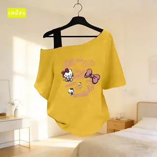 M-3XL Hello Kitty พิมพ์ลายหวาน เสื้อผ้าแฟชั่นตามกระแส เสื้อเชิ้ต T ของสาวอ้วน เสื้อสไตล์อเมริกัน เสื้อผ้าวินเทจหญิงเท่ๆ