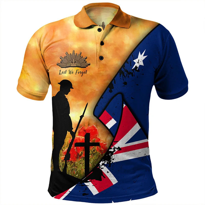 Lest เราลืม Anzac Day เสื้อโปโลผู้ชายเสื้อผ้า Street แขนสั้นเสื้อกอล์ฟ April ฤดูร้อนแฟชั่นปุ่มด้านบน